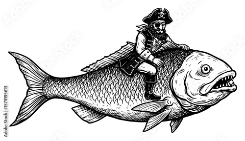 A cartoon style pirate with an eyepatch and hat riding a giant fish in black and white outline line art drawing side view