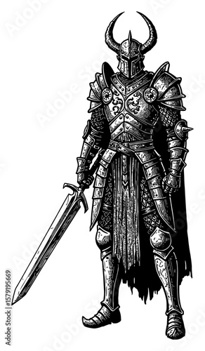 Fantasy Evil Hero Character with Full Armor and Horned Helmet Holding Sword Black and White Outline Line Art Drawing