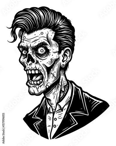 Scary Disfigured Zombie with Pompadour Hair in Suit Roaring Black and White Outline Line Art Drawing