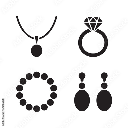 A collection of jewelry icons including a necklace a ring a bracelet and a pair of earrings in black