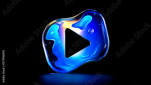 Abstract Play Button Icon in Blue Liquid with Bubbles on Black