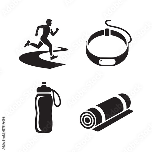 A collection of fitness icons featuring a runner, tracker, water bottle, and yoga mat in black and white