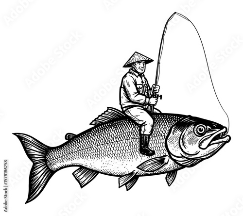 A Fisherman Riding a Big Fish Cartoon Style Side View Black and White Outline Line Art Drawing