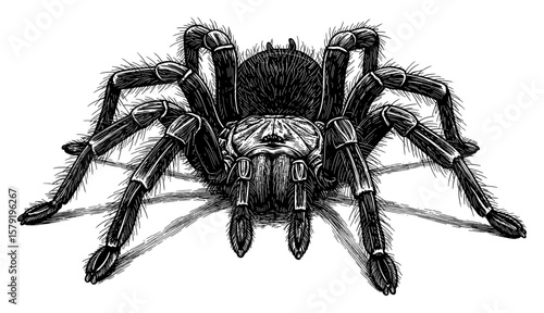Large Hairy Tarantula Spider Front View Detailed Black and White Outline Line Art Drawing Vintage Engraving Illustration