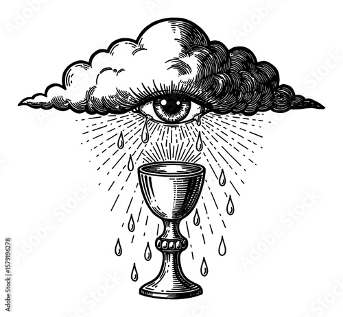 Eye Shaped Cloud with Tears Dropping to Holy Grail Cup with Sun Ray Black and White Outline Line Art Drawing