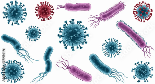 Illustration featuring various microscopic organisms, including viruses and bacteria, in a detailed depiction.