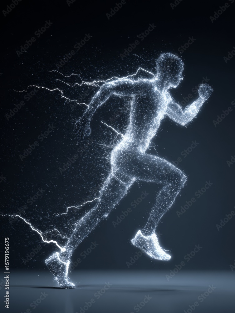 Fototapeta premium Dynamic Runner Silhouette with Lightning Bolts Creating Energetic Trails and Dramatic Motion Effects in Dark Background