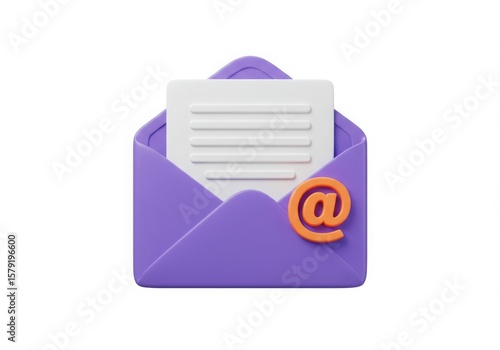 Purple envelope with a white letter and an orange at symbol isolated on white background