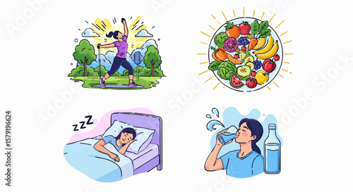 Four illustrations depicting healthy lifestyle choices: exercise, nutritious food, sleep, and hydration.