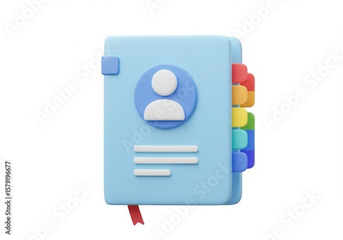 Stylized 3d address book with rainbow tabs and user icon isolated on white background