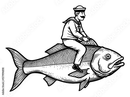 A Moustached Sailor Man Riding a Big Large Fish Cartoon Style Side View Black and White Outline Line Art Drawing
