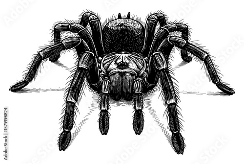 Detailed Tarantula Front View Engraving Style Black and White Outline Line Art Drawing Vintage Spider