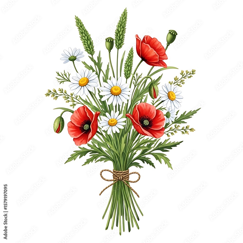 Obraz premium A watercolor bouquet of red poppies and white daisies tied with a brown twine on a white background
