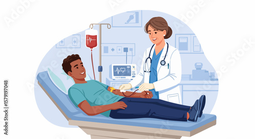 A female doctor administers a blood transfusion to a male patient lying on a hospital bed.