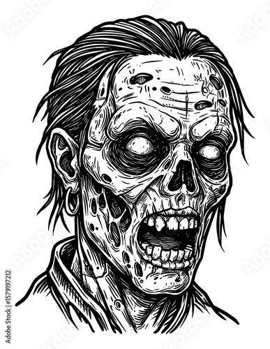 Scary Disfigured Zombie Portrait with Open Mouth and Empty Eyes Black and White Outline Line Art Drawing