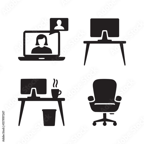 Workspace icons showing a laptop with video call, desk, monitor, chair and coffee cup icon set