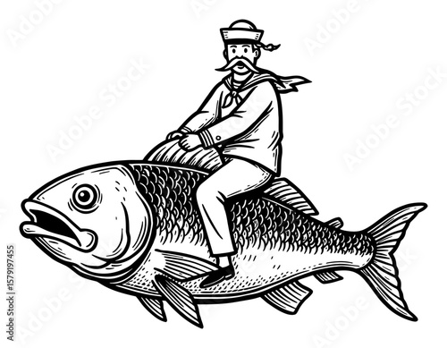 A Sailor Riding a Big Fish Cartoon Style Side View Black and White Outline Line Art Drawing
