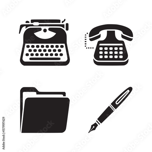 A collection of office tools including a typewriter telephone folder and a fountain pen icon set