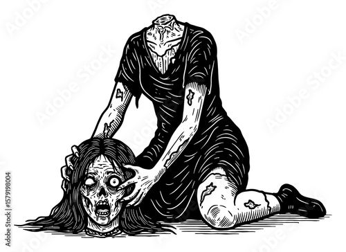 Scary Disfigured Headless Zombie Trying to Find Her Head on the Floor Black and White Outline Line Art Drawing