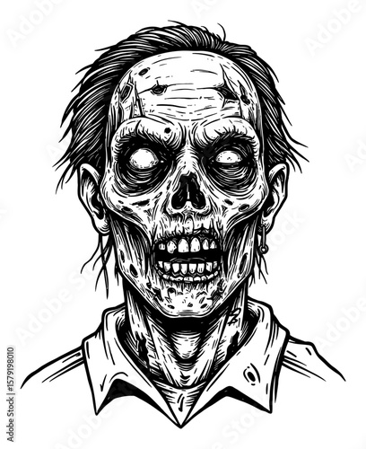 Scary Disfigured Zombie Portrait Black and White Outline Line Art Drawing of Undead Creature