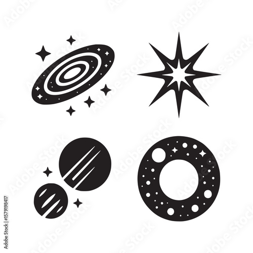 Four black and white space themed icons featuring a galaxy planets stars and an explosion graphic