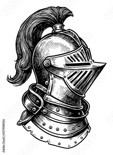 Fantasy Knight Helmet with Plume Only Detailed Classic Medieval Black and White Outline Line Art Drawing