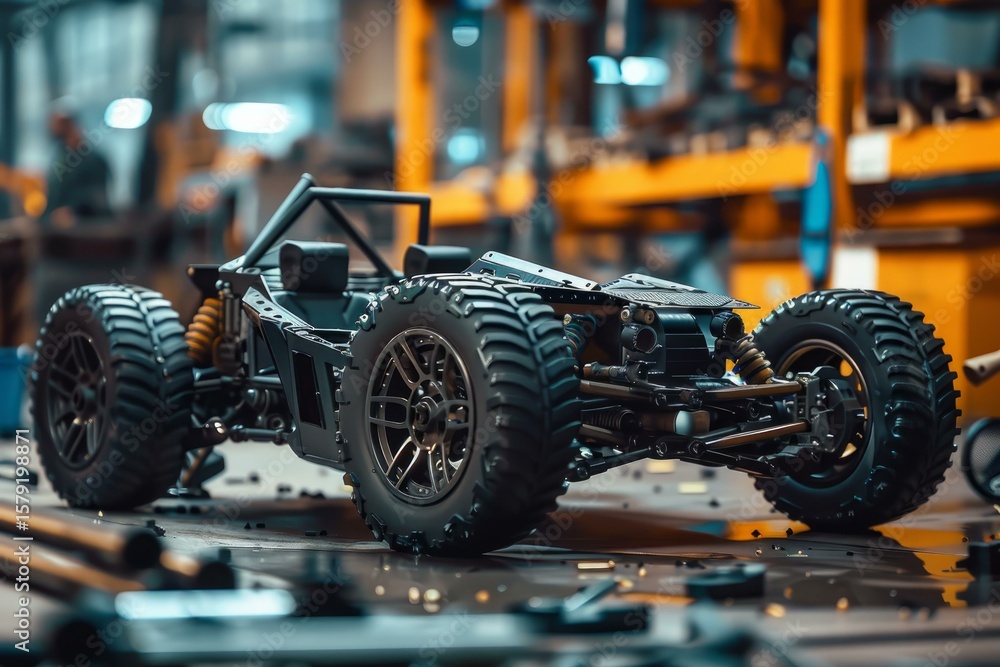 Fototapeta premium High performance rc buggy resting on workbench, showcasing intricate details and robust construction amidst a workshop environment