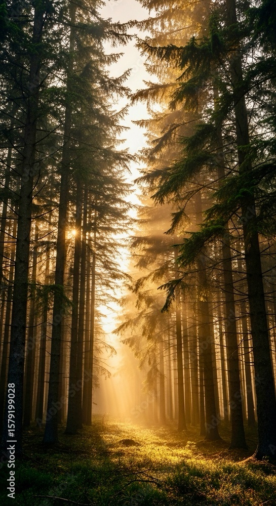 Naklejka premium Sunlight filtering through dense pine forest, misty atmosphere, vertical orientation