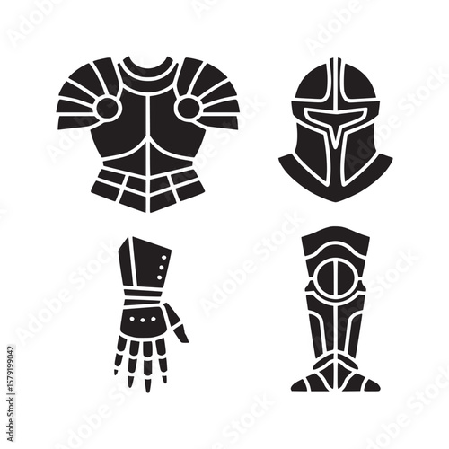 A set of four black silhouette illustrations of medieval armor pieces on a white background layout