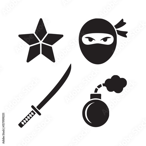A graphic representation of ninja elements including a star a mask a sword and a bomb in black