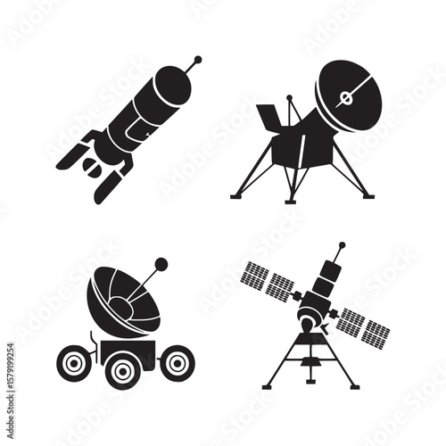 A collection of black and white space exploration icons including a rocket, lander, rover, and satellite