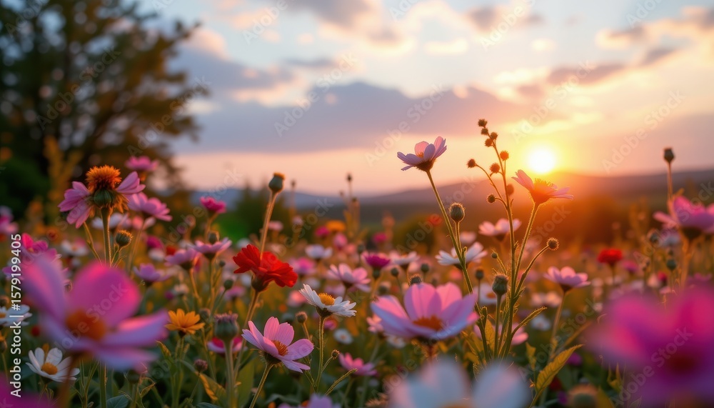 Obraz premium Vibrant Wildflower Field at Sunset with Colorful Blossoms and Golden Light