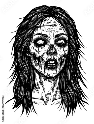 Scary Disfigured Female Zombie Portrait Black and White Outline Line Art Drawing Horror Undead Creature