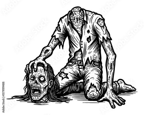 Scary Disfigured Headless Zombie Finding Head on Floor Black and White Outline Line Art Drawing
