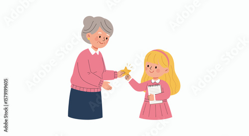 Grandmother and granddaughter sharing a golden star, a heartwarming illustration of generational connection.