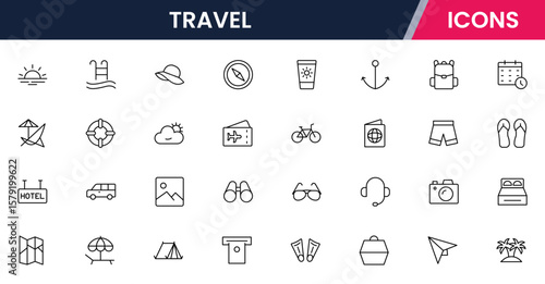 Vector illustration web line icon collection for travel airplanes, suitcases, maps, and adventure symbols in a vibrant, modern, and exploratory design style.