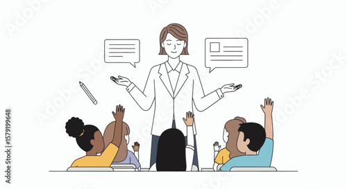 Illustration of a teacher with arms outstretched, surrounded by students with raised hands in a classroom setting.