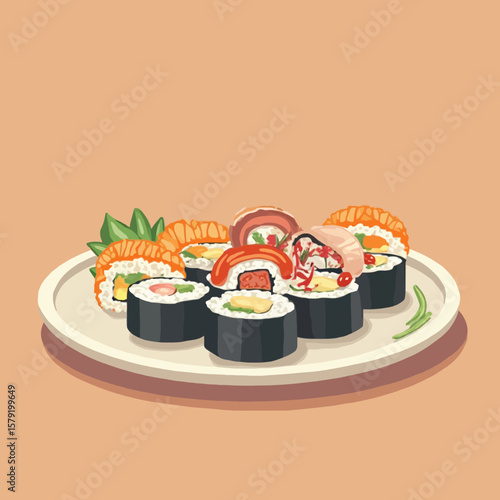 An assortment of sushi rolls are displayed on a white plate against a tan background.