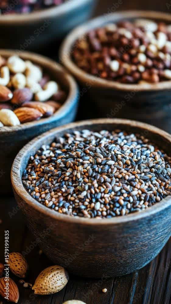 Close-up of various spices in wooden bowls on a table. Close-up of various spices in wooden bowls on a table.