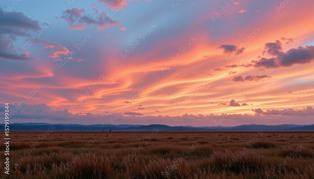 Obraz premium Vibrant Sunset Over Open Grassland with Colorful Clouds and Scenic Horizon