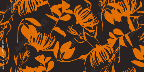 Floral brush strokes seamless pattern background. Orange patterns with floral for fabric, textiles, clothing, wrapping paper, cover, banner, interior decor.