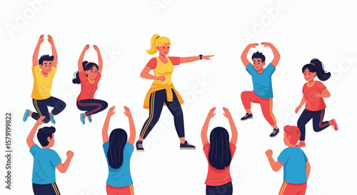 A female instructor leads a group exercise class, demonstrating moves to participants in a bright, active setting.