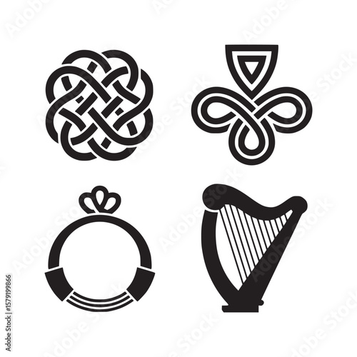 Four irish symbols in black and white including a celtic knot a harp and a claddagh ring design