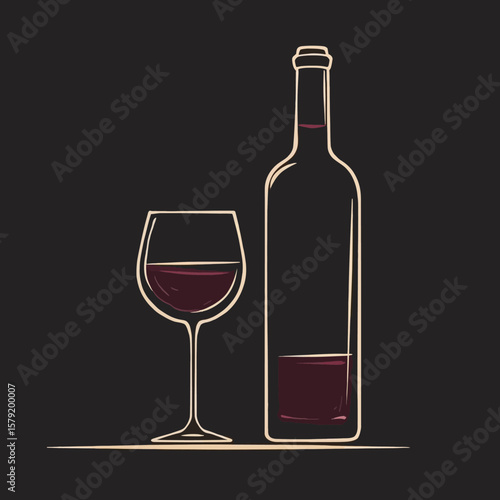 Elegant wine bottle and glass, minimalist design, dark background.