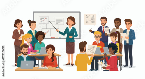 Diverse group of business professionals attending a presentation in a classroom setting.