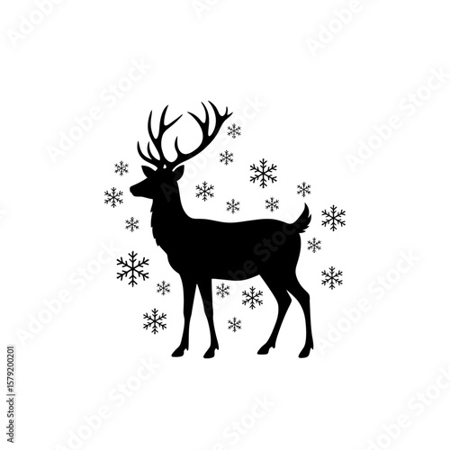 Silhouette of Deer in a Snowy Winter: A striking silhouette of a majestic deer stands amidst a flurry of snowflakes, evoking the serene beauty of winter and the spirit of the season.