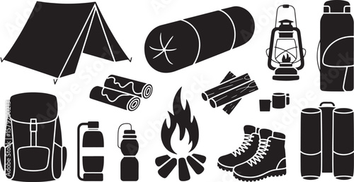 Camping & Outdoor Adventure Icons: Tent, Sleeping Bag, Campfire, Boots