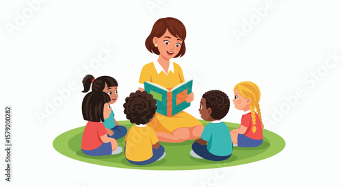A teacher reads a book to a group of diverse children sitting in a circle on a green rug.