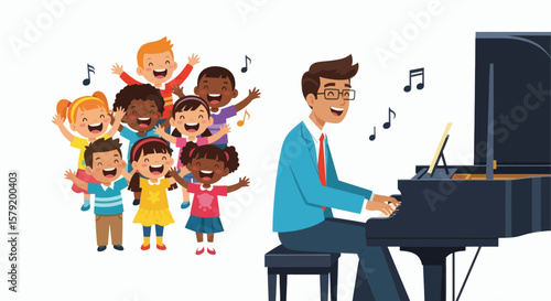 Happy children sing joyfully while their music teacher plays the piano.