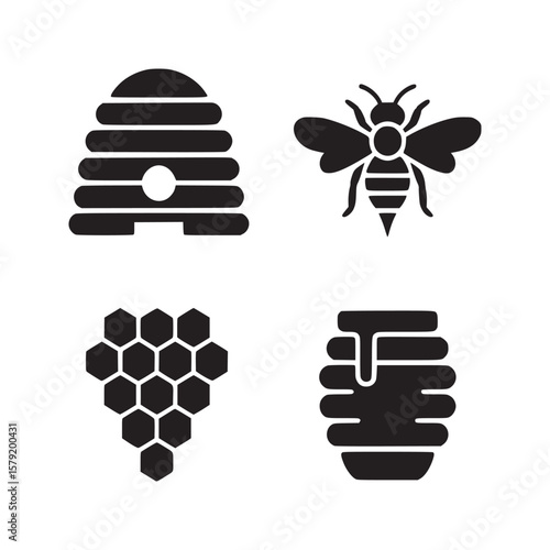 A collection of four black and white icons depicting beehive bee honeycomb and honey pot illustrations